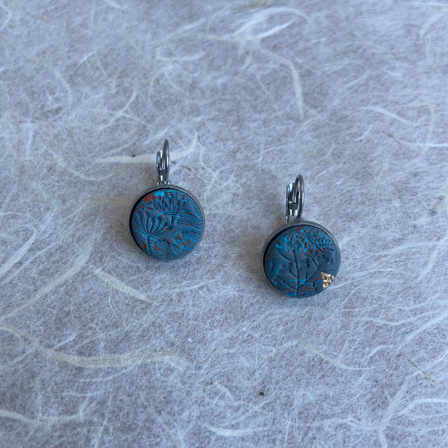 Grey Blue Round Bezel Earrings