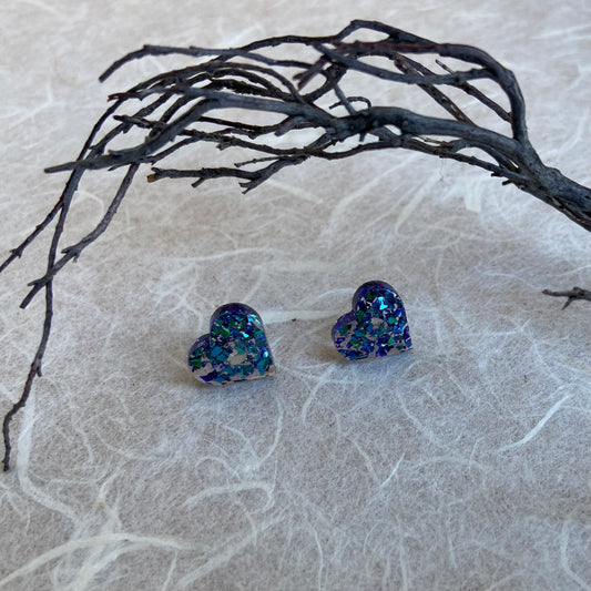 Heart Resin Blue & Green Stud Earrings