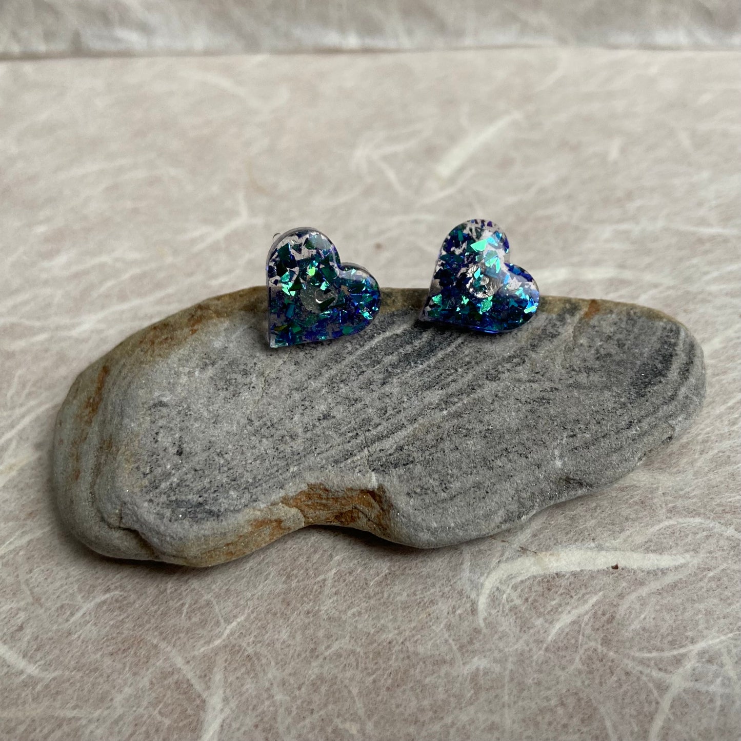 Heart Resin Blue & Green Stud Earrings