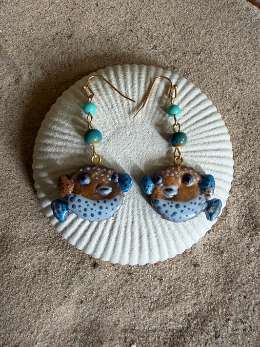 Pufferfish Gold/Blue with ceramic & glass beads Earrings