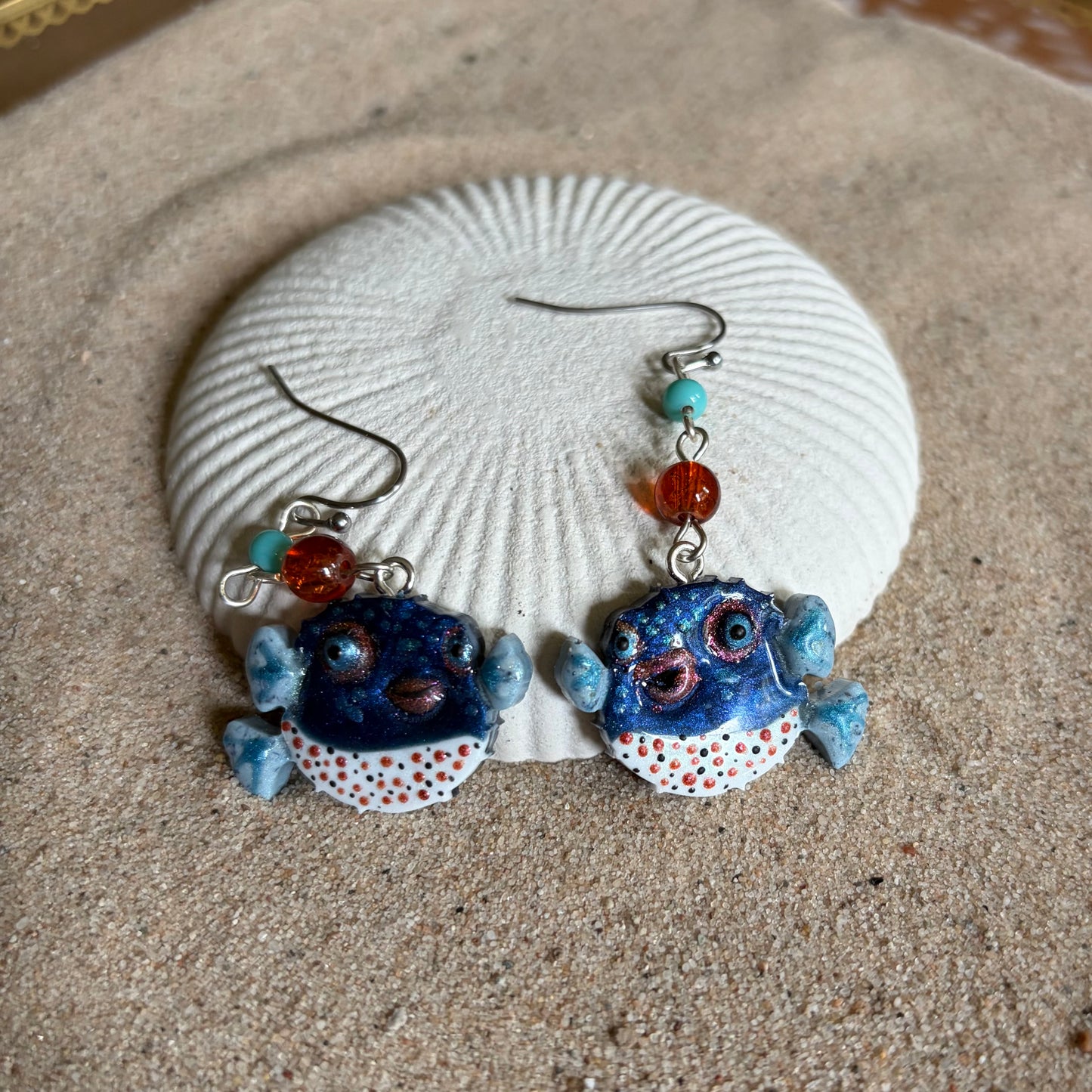 Pufferfish Blue/White with Glass beads Earrings