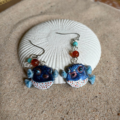 Pufferfish Blue/White with Glass beads Earrings