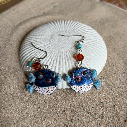 Pufferfish Blue/White with Glass beads Earrings