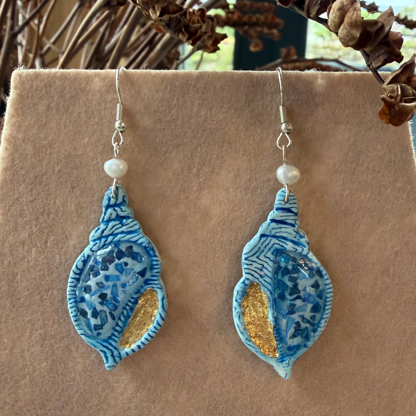 Tidal Treasure Freshwater Pearls, Crushed Glass & Gold Foil Earrings