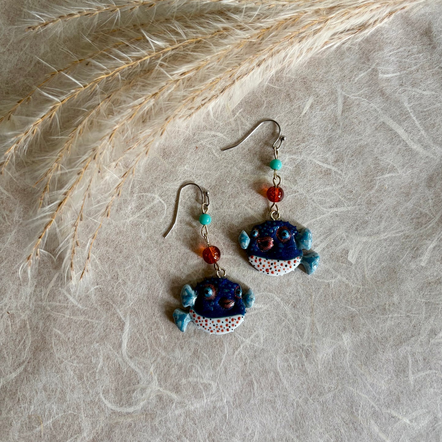 Pufferfish Blue/White with Glass beads Earrings