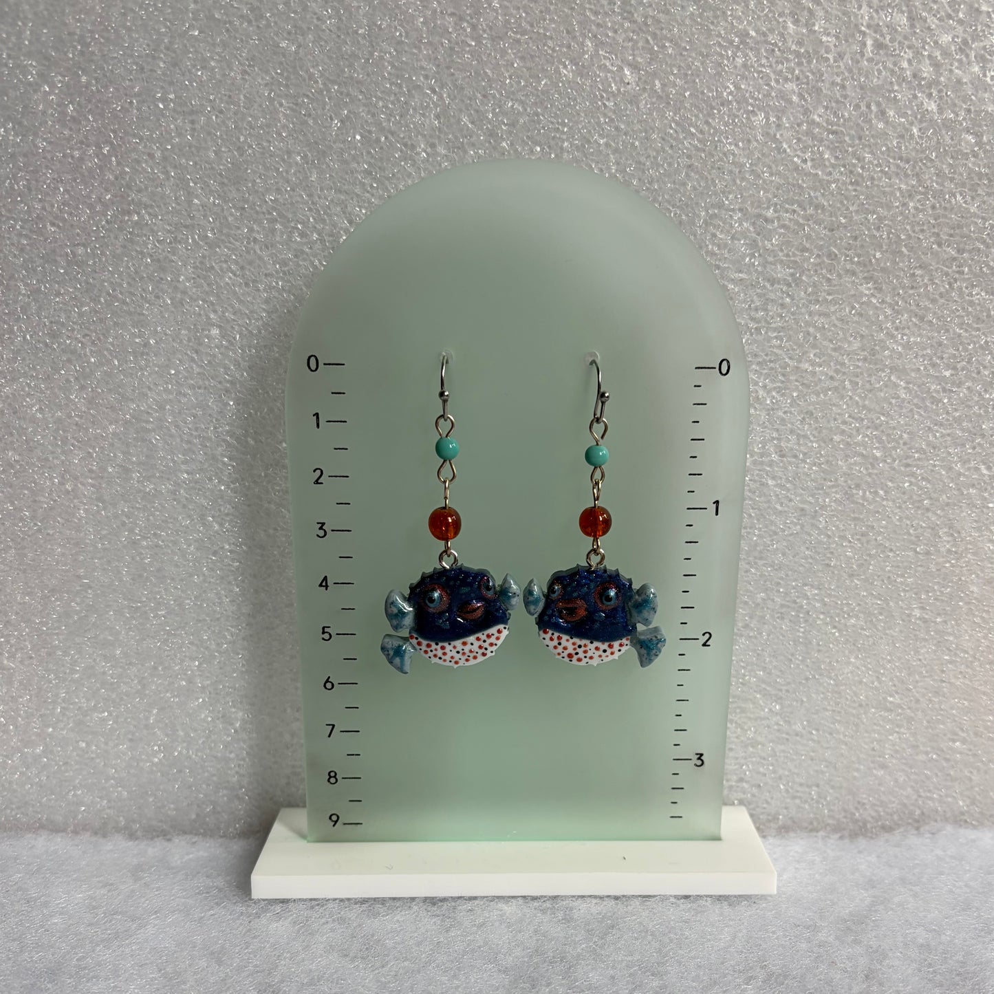 Pufferfish Blue/White with Glass beads Earrings