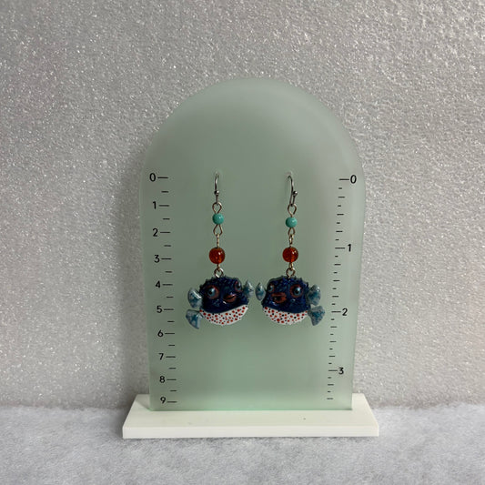 Pufferfish Blue/White with Glass beads Earrings