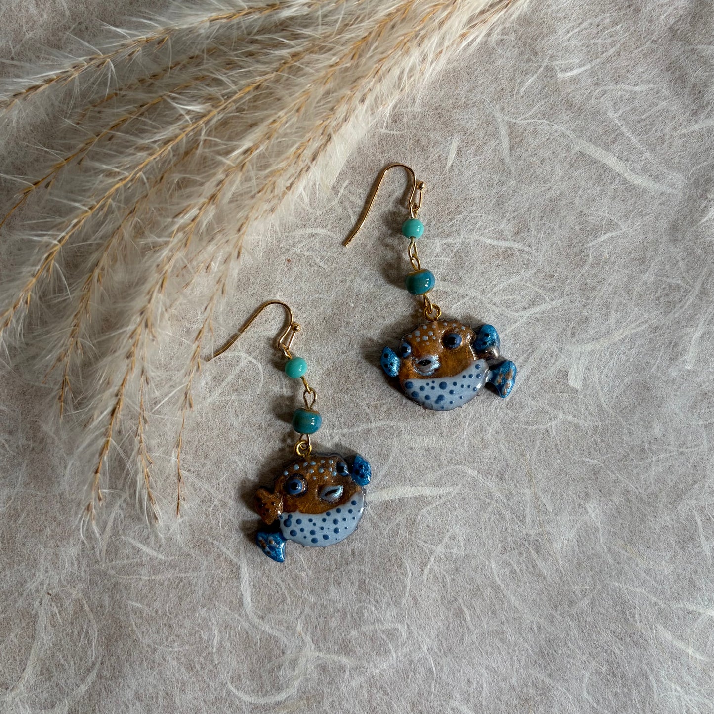 Pufferfish Gold/Blue with ceramic & glass beads Earrings