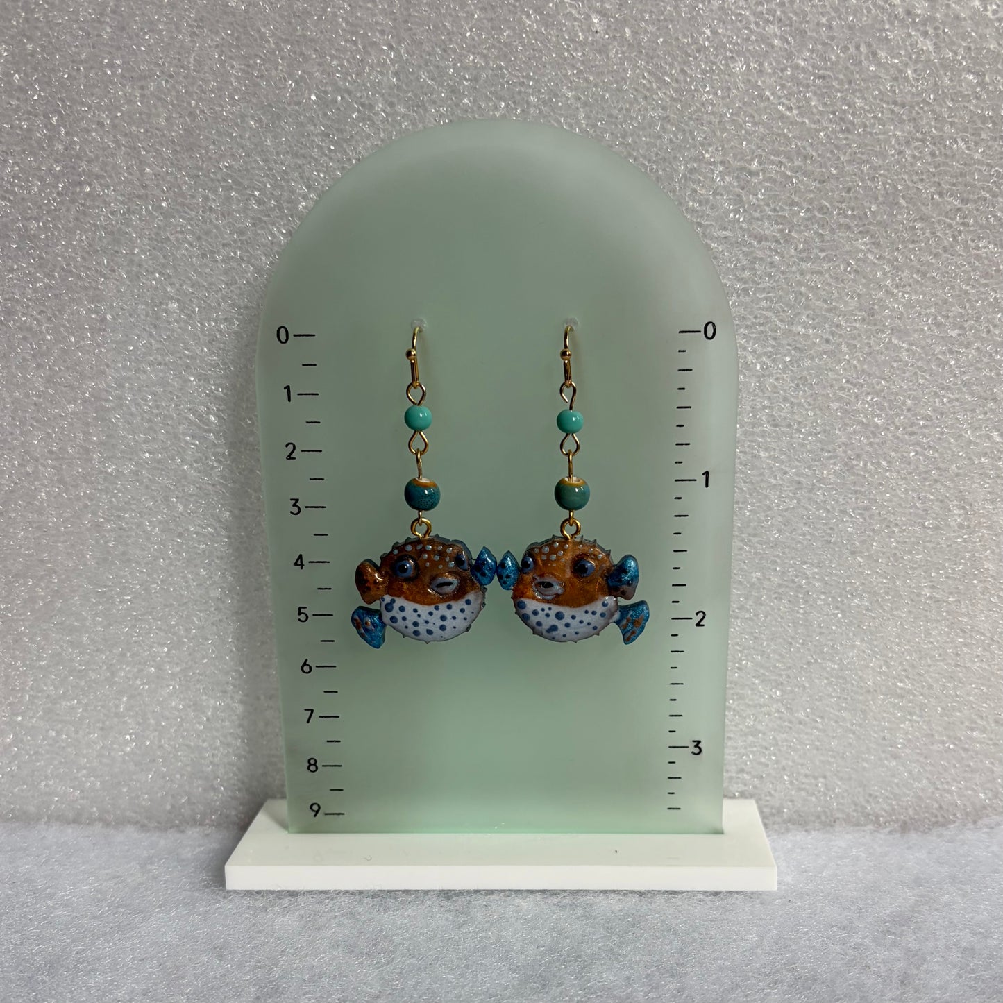 Pufferfish Gold/Blue with ceramic & glass beads Earrings