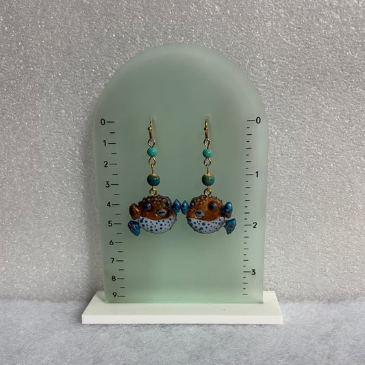 Pufferfish Gold/Blue with ceramic & glass beads Earrings