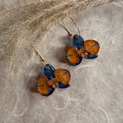 Blue & Orange Orchid hoop Earrings