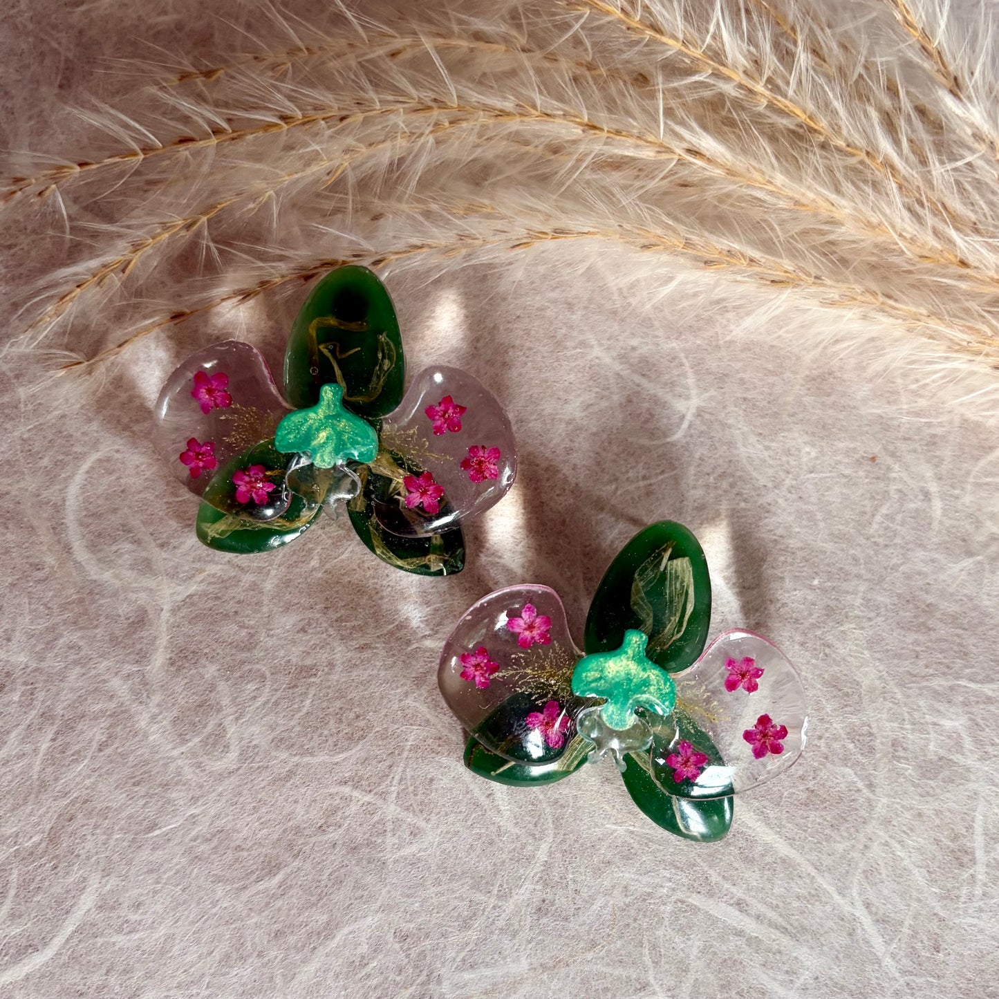 Green with dried flowers Orchid Earrings