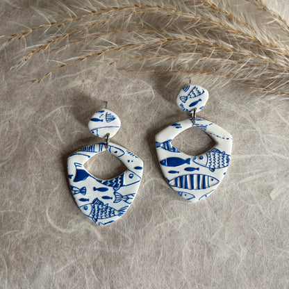 Blue & White Embossed Fish Earrings