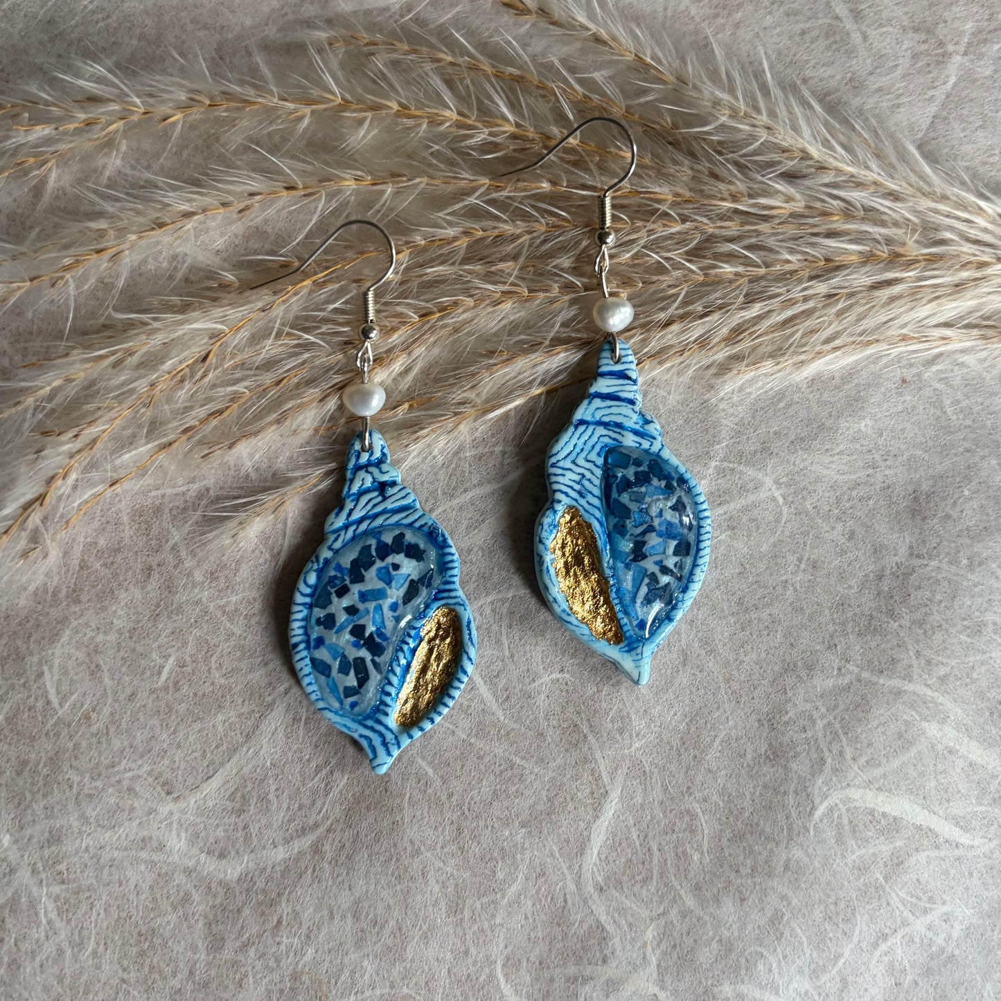 Tidal Treasure Freshwater Pearls, Crushed Glass & Gold Foil Earrings