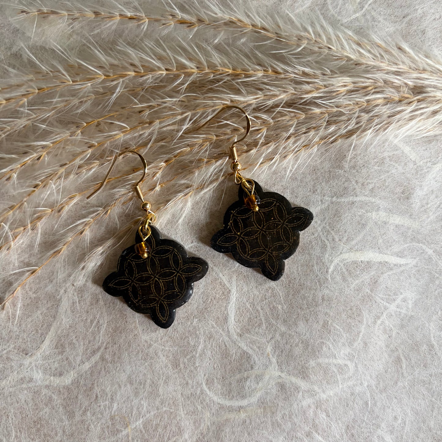 Small Celtic engraved Black & Gold with beads Earrings
